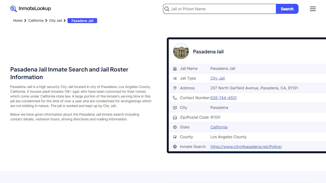 Pasadena Jail (CA) Inmate Search California - Inmate Lookup